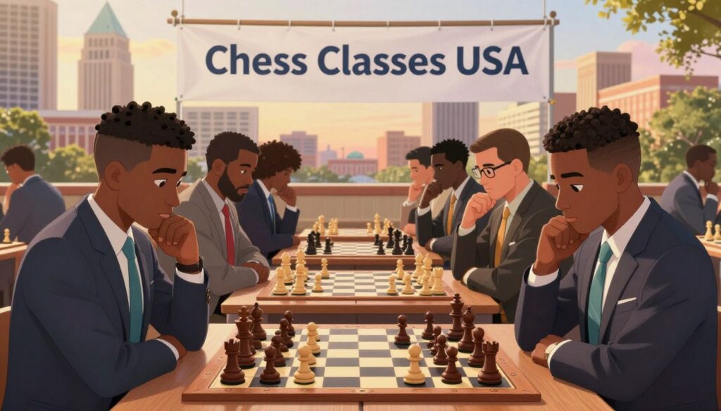 A vibrant scene depicting an engaging chess tournament in Birmingham, Alabama, showcasing players of diverse backgrounds intensely focused on their chessboards. In the foreground, a group of players, dressed in professional business attire, are deep in thought, their chess pieces delicately arranged on elegantly designed wooden boards. The middle ground features a large banner reading "Chess Classes USA," symbolizing the local chess community’s spirit. In the background, iconic Birmingham landmarks subtly rise against a warm, late afternoon sky, adding to the city’s ambiance. Soft, natural lighting illuminates the scene, casting gentle shadows and enhancing the concentration of the players. The overall mood is one of camaraderie and strategic challenge, highlighting Birmingham as the heart of Alabama chess.