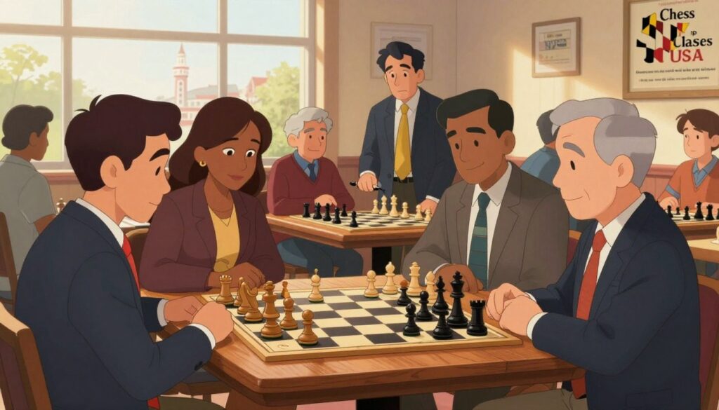 A vibrant scene depicting chess enthusiasts engaged in a lively game in Maryland, showcasing a mix of players of various ages, dressed in professional business attire and modest casual clothing, gathered around beautifully crafted wooden chess tables. In the foreground, focus on a close-up of a dramatic chess match, pieces carefully poised in strategic positions. The middle ground features small clusters of spectators, observing and discussing strategies, with one or two individuals from "Chess Classes USA" providing coaching advice. The background reveals an iconic Maryland landmark, subtly hinting at the state's rich history. The lighting is warm and inviting, with soft sunlight filtering through large windows, creating a supportive and focused atmosphere conducive to friendly competition.
