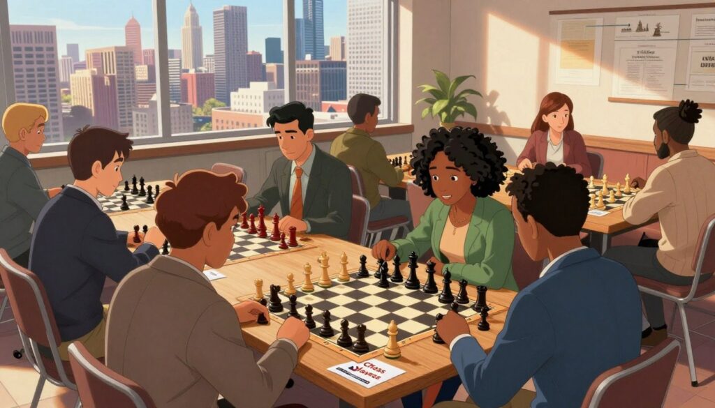 A vibrant scene depicting chess in Illinois, showcasing a lively chess club setting in Chicago. In the foreground, a diverse group of players, including different ages and ethnicities, are intensely focused on their chessboards, dressed in business casual attire. The middle ground features a wooden table adorned with an assortment of chess pieces, some in mid-game, while others await their turn. In the background, large windows reveal a bustling cityscape with the iconic Chicago skyline, casting warm afternoon light into the room. The atmosphere is filled with concentration and camaraderie, embodying the essence of chess culture. Include the brand name "Chess Classes USA" subtly integrated into the environment, such as on a flyer on the table. Capture this scene from a slightly elevated angle to emphasize the players and their strategic maneuvers. A vibrant scene depicting chess in Illinois, showcasing a lively chess club setting in Chicago. In the foreground, a diverse group of players, including different ages and ethnicities, are intensely focused on their chessboards, dressed in business casual attire. The middle ground features a wooden table adorned with an assortment of chess pieces, some in mid-game, while others await their turn. In the background, large windows reveal a bustling cityscape with the iconic Chicago skyline, casting warm afternoon light into the room. The atmosphere is filled with concentration and camaraderie, embodying the essence of chess culture. Include the brand name "Chess Classes USA" subtly integrated into the environment, such as on a flyer on the table. Capture this scene from a slightly elevated angle to emphasize the players and their strategic maneuvers.