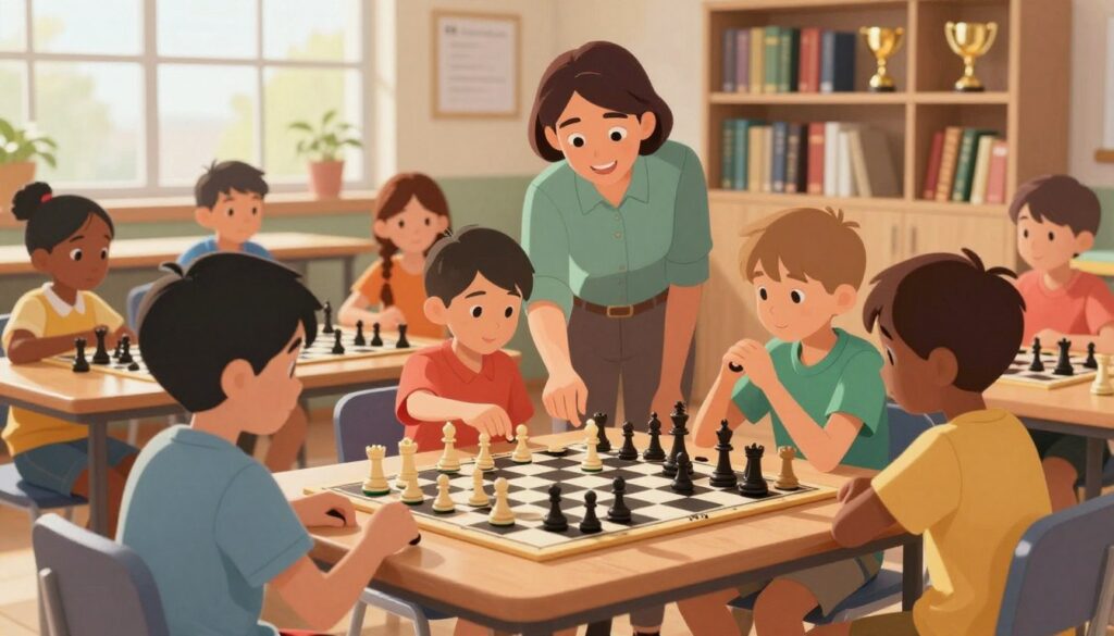 A vibrant scene depicting children engaged in a chess class, focusing on cognitive development through playing chess. In the foreground, a diverse group of children, aged 8 to 12, are intensely analyzing their chessboards, dressed in modest casual clothing. The middle layer features a knowledgeable instructor guiding them, conveying a sense of mentorship and support. In the background, shelves filled with chess books and trophies create a nurturing learning environment. Soft, natural lighting streams in from large windows, giving a warm and inviting atmosphere. The angle captures the enthusiasm and concentration on each child's face, showcasing the mental benefits of competitive chess. The branding "Chess Classes USA" is subtly incorporated in the background environment without any text overlay, enriching the scene. A vibrant scene depicting children engaged in a chess class, focusing on cognitive development through playing chess. In the foreground, a diverse group of children, aged 8 to 12, are intensely analyzing their chessboards, dressed in modest casual clothing. The middle layer features a knowledgeable instructor guiding them, conveying a sense of mentorship and support. In the background, shelves filled with chess books and trophies create a nurturing learning environment. Soft, natural lighting streams in from large windows, giving a warm and inviting atmosphere. The angle captures the enthusiasm and concentration on each child's face, showcasing the mental benefits of competitive chess. The branding "Chess Classes USA" is subtly incorporated in the background environment without any text overlay, enriching the scene.