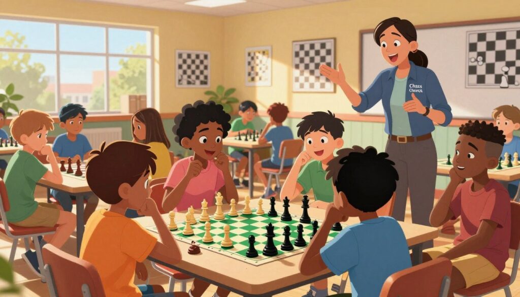 A vibrant scene depicting engaging chess activities aimed at re-engaging disinterested players. In the foreground, a diverse group of children, aged 8-12, are enthusiastically gathered around a colorful chessboard, displaying a mix of expressions from concentration to enjoyment. One child is playfully posing as a chess piece, adding a touch of whimsy. The middle ground features an inviting chess club environment, with walls adorned with chess-themed artwork and bright underlighting enhancing the lively atmosphere. In the background, a cheerful instructor from "Chess Classes USA," casually dressed, encourages the kids with animated gestures. The overall mood is dynamic and inspiring, conveying the joy of learning chess through fun activities and engaging strategies. The image utilizes natural sunlight filtering through large windows, casting warm, inviting shadows across the room.