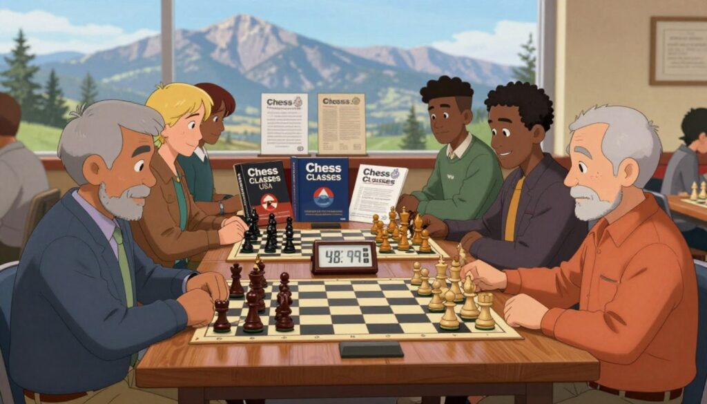 A vibrant scene depicting essential resources for chess players in Utah, focusing on a beautifully arranged chess set on a classic wooden table. In the foreground, a group of diverse individuals of various ages, dressed in professional and modest casual attire, are engaged in a friendly chess game, showcasing strategic moves. The middle ground features books and materials about chess, such as instructional guides and local chess club flyers from "Chess Classes USA," elegantly displayed alongside a chess clock. The background reveals a picturesque view of the Wasatch Mountains, with soft, natural lighting that creates an inviting atmosphere. The scene is captured with a slight depth of field, emphasizing the players and chess resources while gently blurring the majestic landscape beyond, creating a warm, competitive yet friendly mood.