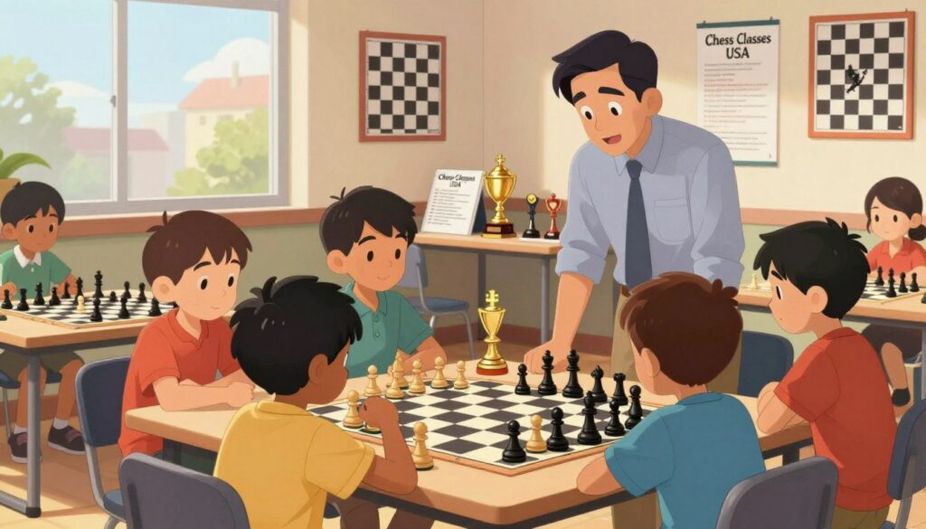 A vibrant scene depicting youth chess development, set indoors in a well-lit chess club. In the foreground, a diverse group of children, aged 8-12, are intensely focused on their chess boards, each dressed in smart casual attire. A supportive adult instructor, wearing business casual clothing, watches over them, offering guidance and encouragement. In the middle ground, several chess trophies and educational materials are displayed on a table, emphasizing the importance of achievement and learning. The background shows colorful chess-themed posters and a large window with natural light streaming in, creating a warm and inviting atmosphere. The overall mood is one of camaraderie, growth, and enthusiasm for chess, embodying the spirit of "Chess Classes USA" as a nurturing environment for young players. A vibrant scene depicting youth chess development, set indoors in a well-lit chess club. In the foreground, a diverse group of children, aged 8-12, are intensely focused on their chess boards, each dressed in smart casual attire. A supportive adult instructor, wearing business casual clothing, watches over them, offering guidance and encouragement. In the middle ground, several chess trophies and educational materials are displayed on a table, emphasizing the importance of achievement and learning. The background shows colorful chess-themed posters and a large window with natural light streaming in, creating a warm and inviting atmosphere. The overall mood is one of camaraderie, growth, and enthusiasm for chess, embodying the spirit of "Chess Classes USA" as a nurturing environment for young players.