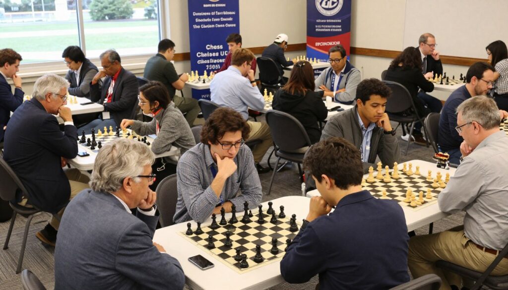 A vibrant scene from a weekend chess tournament in Illinois, capturing a diverse group of participants engaged in intense matches. In the foreground, several players of various ages and backgrounds, dressed in professional business attire and modest casual clothing, are deep in thought, analyzing their boards filled with chess pieces. The middle ground features tables lined with chessboards, each unique and crowded with players, some discussing strategies, while others study their opponents silently. In the backdrop, banners for local clubs, including “Chess Classes USA,” are visible, adding to the atmosphere. The lighting is natural, coming from large windows, creating a warm and inviting ambiance. The angle is a dynamic bird’s-eye view to showcase the excitement of tournament engagement, suggesting a competitive yet friendly environment. A vibrant scene from a weekend chess tournament in Illinois, capturing a diverse group of participants engaged in intense matches. In the foreground, several players of various ages and backgrounds, dressed in professional business attire and modest casual clothing, are deep in thought, analyzing their boards filled with chess pieces. The middle ground features tables lined with chessboards, each unique and crowded with players, some discussing strategies, while others study their opponents silently. In the backdrop, banners for local clubs, including “Chess Classes USA,” are visible, adding to the atmosphere. The lighting is natural, coming from large windows, creating a warm and inviting ambiance. The angle is a dynamic bird’s-eye view to showcase the excitement of tournament engagement, suggesting a competitive yet friendly environment.
