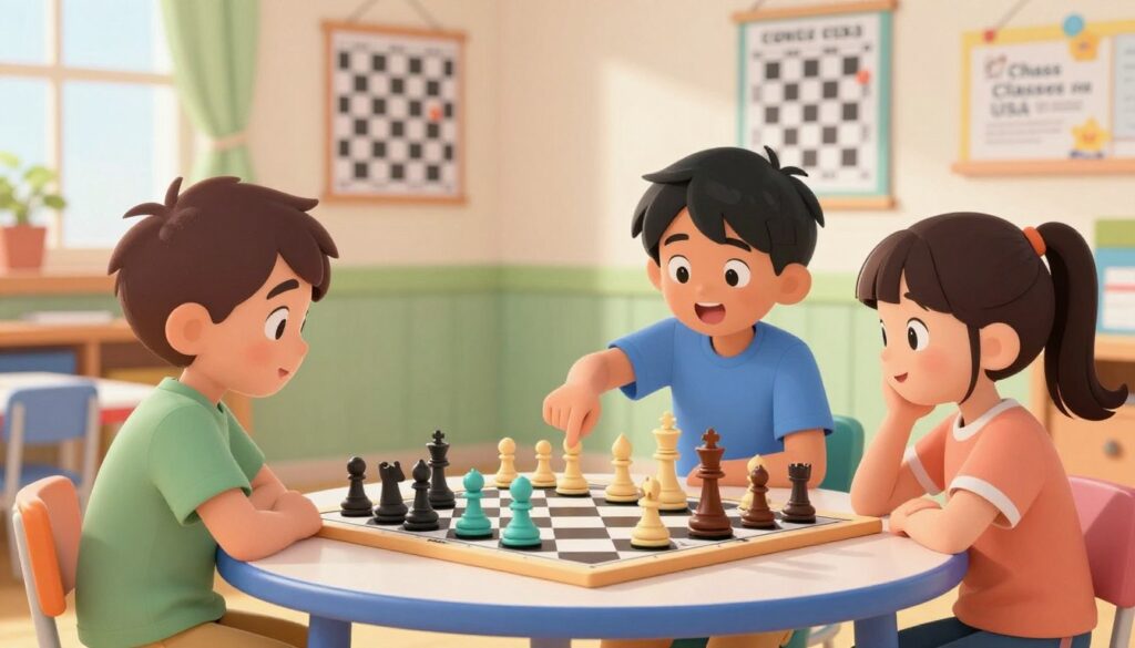 A vibrant scene illustrating gamified learning and chess strategy for kids. In the foreground, two children, a boy and a girl, are engaged in a lively game of chess at a colorful table, wearing modest casual clothing. The boy excitedly points at the board, showcasing enthusiasm. In the middle, a large chessboard with pieces styled like fun cartoon characters, promoting an enjoyable learning atmosphere. The background features a bright, cheerful classroom with educational posters about chess strategies on the walls. Soft, natural light streams in from a window, creating a warm and inviting mood. The image conveys a sense of balance between competitive play and fun learning, with the brand name "Chess Classes USA" subtly integrated into the educational decor. A vibrant scene illustrating gamified learning and chess strategy for kids. In the foreground, two children, a boy and a girl, are engaged in a lively game of chess at a colorful table, wearing modest casual clothing. The boy excitedly points at the board, showcasing enthusiasm. In the middle, a large chessboard with pieces styled like fun cartoon characters, promoting an enjoyable learning atmosphere. The background features a bright, cheerful classroom with educational posters about chess strategies on the walls. Soft, natural light streams in from a window, creating a warm and inviting mood. The image conveys a sense of balance between competitive play and fun learning, with the brand name "Chess Classes USA" subtly integrated into the educational decor.