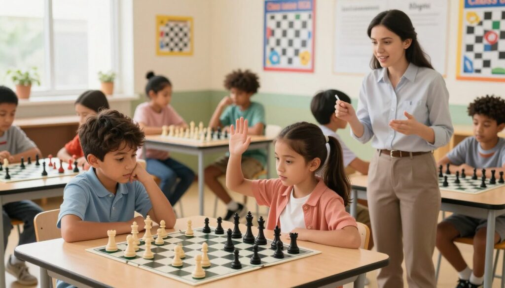 A vibrant scene illustrating youth chess development, featuring a diverse group of children, aged 8-12, actively engaged in a chess lesson under the guidance of a professional instructor from Chess Classes USA. In the foreground, a boy thoughtfully examining a chessboard, while a girl eagerly raises her hand to answer a question, both dressed in smart-casual attire. The middle ground showcases a classroom environment filled with chessboards and engaged students competing and collaborating. The background features colorful educational posters on chess strategies. Soft, natural lighting floods the room, creating a warm, encouraging atmosphere. The angle captures both the focus of the students and the teacher's enthusiasm, indicating an inspiring and supportive chess learning environment. The overall mood is youthful, energetic, and motivational.