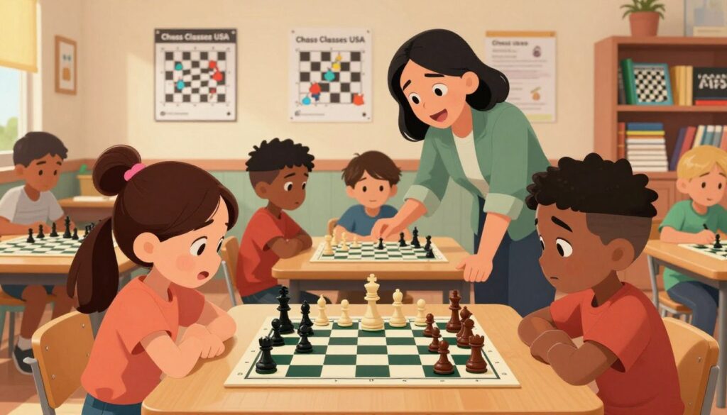 A vibrant scene illustrating youth chess development, featuring a diverse group of children focused on a chess game in a cozy classroom. In the foreground, two girls and a boy of various ethnicities are intently studying a chessboard, showcasing a mix of emotions—concentration and excitement. In the middle ground, a friendly instructor guides another child on strategies, fostering a supportive environment. The background includes educational posters about chess tactics on the wall and shelves filled with chess books, enhancing the setting. The lighting is warm and inviting, creating an atmosphere of encouragement and growth. The image should evoke a sense of dedication and engagement in learning. The brand "Chess Classes USA" subtly emphasized in the details of the classroom. A vibrant scene illustrating youth chess development, featuring a diverse group of children focused on a chess game in a cozy classroom. In the foreground, two girls and a boy of various ethnicities are intently studying a chessboard, showcasing a mix of emotions—concentration and excitement. In the middle ground, a friendly instructor guides another child on strategies, fostering a supportive environment. The background includes educational posters about chess tactics on the wall and shelves filled with chess books, enhancing the setting. The lighting is warm and inviting, creating an atmosphere of encouragement and growth. The image should evoke a sense of dedication and engagement in learning. The brand "Chess Classes USA" subtly emphasized in the details of the classroom.