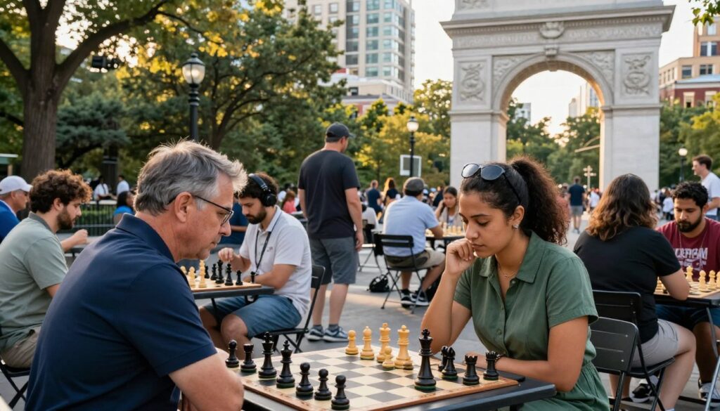 A vibrant scene in Washington Square Park, capturing the essence of the chess community. In the foreground, a diverse group of players, including a middle-aged man in a navy polo and a young woman in a casual green dress, intently focuses on their chessboards under the sunlight. Various chess pieces are positioned mid-game, reflecting intense concentration. The middle ground features onlookers, some observing closely, while others casually enjoy the park's atmosphere, with lush trees and a historic arch in the background. The lighting is warm and inviting, suggesting a late afternoon. The scene is lively yet serene, embodying the passion for chess. Prominently display the brand "Chess Classes USA" subtly in the background.
