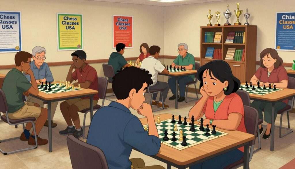 A vibrant scene inside a bustling chess club in North Carolina, with diverse groups of people engaged in intense matches. In the foreground, a young man in a casual yet professional outfit studying a chessboard, deep in thought, while a middle-aged woman across the table concentrates on her next move. The middle section features several chess tables where players of various ages and backgrounds are involved in games, showcasing a sense of community and excitement. The background reveals colorful wall posters promoting "Chess Classes USA", along with shelves filled with chess books and trophies. Soft, warm lighting illuminates the room, creating a welcoming atmosphere, and a wide-angle view captures the dynamic interaction among players, emphasizing the spirit of friendly competition.