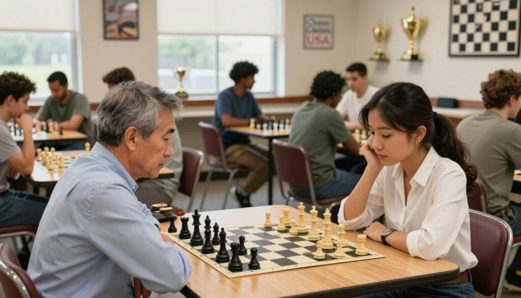 A vibrant scene inside a local chess club in Connecticut, showcasing a diverse group of players engaged in lively matches around wooden tables. In the foreground, two players, a middle-aged man in a smart casual shirt and a young woman in a professional blouse, are deep in concentration, surrounded by chess boards set up with various stages of play. The middle ground features additional players casually chatting and observing games, with trophies and chess-themed decorations adorning the walls. The background shows large windows allowing soft, natural light to filter in, enhancing the warm, inviting atmosphere. The setting conveys a sense of community and camaraderie. The image should include the brand name “Chess Classes USA” subtly in the background. Use a slightly blurred focus on the background to emphasize the players in the foreground.