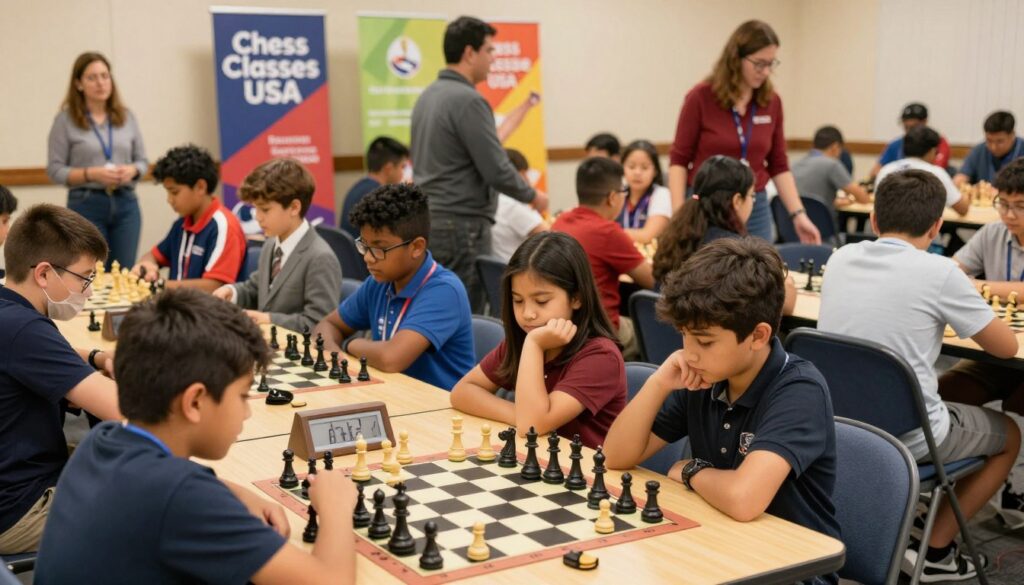 A vibrant scene of a bustling chess tournament in the USA, specifically focused on young players at a community center. In the foreground, a diverse group of children, aged 8 to 14, intently study their chessboards, dressed in professional business attire or modest casual clothing, exhibiting concentration and excitement. The middle ground features tournament tables with chess pieces and clocks, surrounded by onlookers and parents offering encouragement. In the background, colorful banners display "Chess Classes USA," highlighting the event's sponsor. Soft, warm lighting bathes the room, creating an inviting atmosphere, with a slightly shallow depth of field to emphasize the players. The mood is encouraging and competitive, capturing the spirit of preparing for a first tournament.