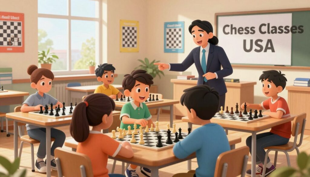 A vibrant scene of a chess class in a well-lit, modern classroom setting. In the foreground, a diverse group of students, including children and teenagers, are deeply engaged in playing chess at wooden tables, their expressions focused and joyful. Each student is dressed in smart casual attire, showcasing a mix of styles. The middle ground features an enthusiastic instructor, wearing professional business attire, guiding students with personalized coaching, pointing to a chessboard with strategic moves displayed. In the background, there's a large window letting in warm, natural light, illuminating colorful posters of chess strategies on the walls. Soft shadows and bright accents create an inviting atmosphere. Prominently displayed on a banner is "Chess Classes USA," emphasizing the educational focus of the setting. A vibrant scene of a chess class in a well-lit, modern classroom setting. In the foreground, a diverse group of students, including children and teenagers, are deeply engaged in playing chess at wooden tables, their expressions focused and joyful. Each student is dressed in smart casual attire, showcasing a mix of styles. The middle ground features an enthusiastic instructor, wearing professional business attire, guiding students with personalized coaching, pointing to a chessboard with strategic moves displayed. In the background, there's a large window letting in warm, natural light, illuminating colorful posters of chess strategies on the walls. Soft shadows and bright accents create an inviting atmosphere. Prominently displayed on a banner is "Chess Classes USA," emphasizing the educational focus of the setting.
