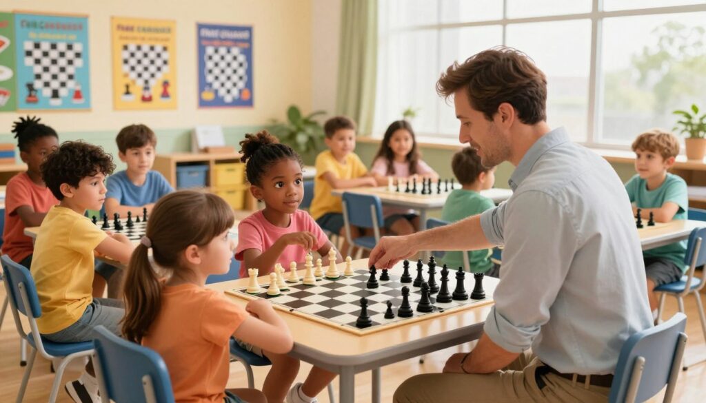A vibrant scene of a chess coaching session for children, featuring a diverse group of children aged 6-12 engaged in learning the game. In the foreground, a friendly, professional coach in modest casual clothing, demonstrating a chess move on a large board. The kids, showing enthusiasm and curiosity, are seated around the board, wearing casual outfits. In the middle ground, colorful educational posters related to chess strategies adorn the walls, and chess pieces are scattered on nearby tables. The background features a bright, inviting classroom with large windows allowing natural light to flood in, creating a warm atmosphere. The overall mood is one of inspiration and excitement about learning chess, symbolizing nurturing growth as part of the Chess Classes USA community.
