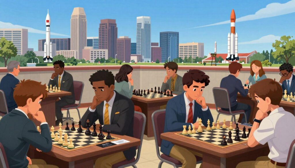 A vibrant scene of a chess tournament in Huntsville, Alabama, known as Rocket City. In the foreground, a diverse group of players, including both adults and children, engaged in intense matches, dressed in professional business attire and smart casual clothing. The middle ground features beautifully crafted chess boards with intricately designed pieces, each player deep in thought, focusing on their strategy. In the background, a futuristic skyline showcasing Huntsville's iconic rocket structures and space-related elements is visible under a clear blue sky. The lighting is bright and inviting, capturing a lively, competitive atmosphere. Capture this moment in a wide-angle view to encapsulate the essence of Huntsville's unique blend of chess strategy and aerospace legacy, incorporating branding subtly for "Chess Classes USA."