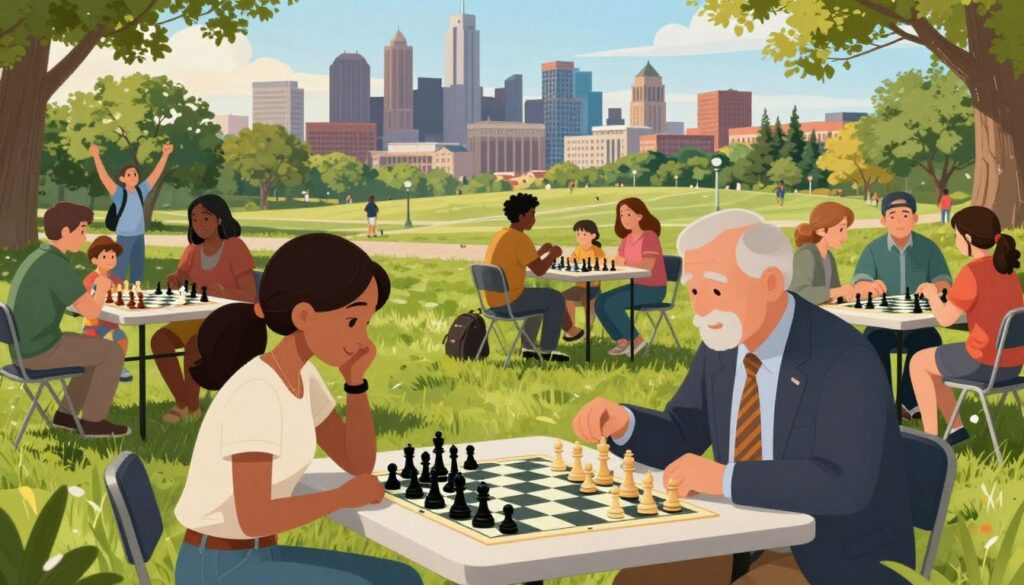A vibrant scene of a chess tournament in a park in Michigan, showcasing players of various ages and backgrounds deeply engaged in the game. In the foreground, a young female player in modest casual clothing intently contemplating her next move, while next to her, an older male player in a business-casual outfit studies the board. The middle ground features several tables with chess boards set up, surrounded by spectators, including families and children, cheering enthusiastically. In the background, a beautifully lush green landscape typical of Michigan, with an iconic skyline silhouette of Detroit and the University of Michigan campus in Ann Arbor visible. The atmosphere is lively and focused, illuminated by warm, natural sunlight creating a welcoming vibe. Include subtle branding for "Chess Classes USA" in the corner.