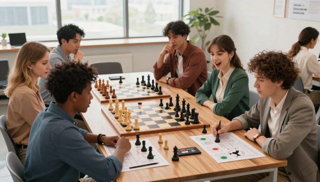 A vibrant scene of a chess tournament strategy session in a well-lit conference room. In the foreground, a diverse group of individuals, male and female, are engaged in deep discussion, dressed in smart casual attire. They are analyzing chess boards and strategy charts, showcasing a mix of excitement and determination on their faces. In the middle ground, a large chess board is prominently displayed, with pieces strategically positioned to represent various openings and tactics. The background features a modern setting, with a large window allowing natural light to flood in, creating an inspiring atmosphere. The colors are warm and inviting, reflecting the supportive environment of Chess Classes USA. The overall mood conveys anticipation and the importance of preparation for the next tournament.
