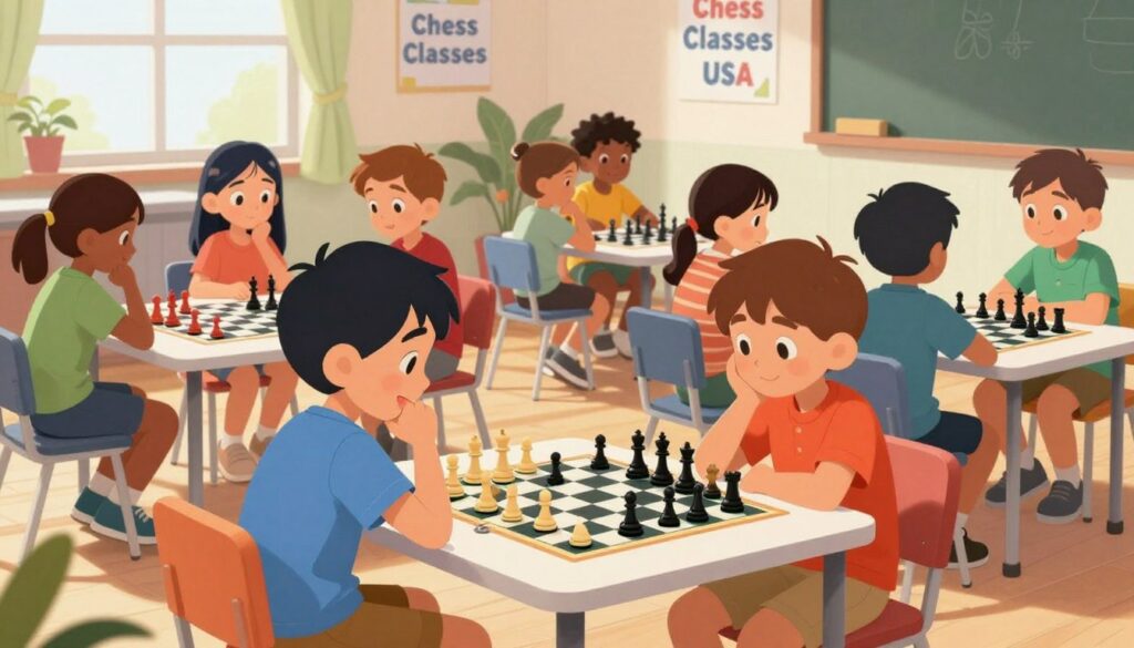 A vibrant scene of a children's chess tournament, featuring diverse kids aged 8-12 intensely focused on their games in a spacious, well-lit room. In the foreground, two boys in casual attire concentrate on a chessboard, deep in thought as they weigh their moves. The middle ground shows other children sitting at tables, with a mix of expressions ranging from excitement to determination, all surrounded by colorful chess pieces. The background reveals a banner that reads "Chess Classes USA," adding context. Soft, natural lighting streams in through large windows, casting gentle shadows to create an inviting atmosphere. The overall mood is one of friendly competition and strategic thinking, perfect for engaging young minds.