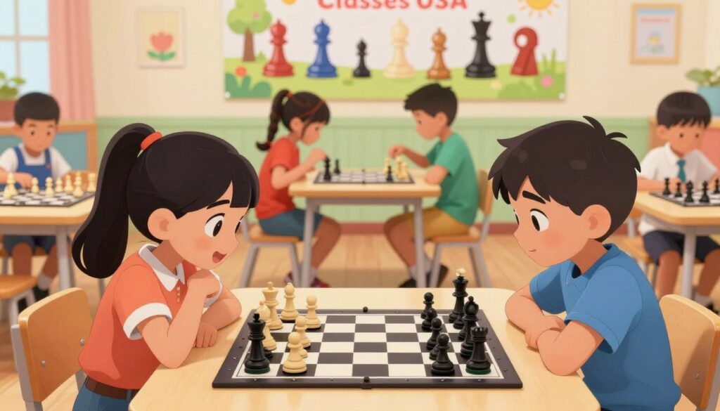 A vibrant scene of a competitive chess match specifically designed for children in a well-lit, colorful room. In the foreground, two young children, one girl and one boy, are intensely focused on a chessboard, their expressions showing concentration and excitement. They are wearing professional casual clothing, representing "Chess Classes USA". In the middle ground, a few other children are seated at tables engaged in their own matches, each immersed in the game. The background features a bright, cheerful banner displaying various chess pieces and playful decorations, emphasizing a friendly tournament atmosphere. The lighting is warm and inviting, creating a supportive mood, while capturing the excitement of learning and competition in chess. The angle is slightly elevated to give a comprehensive view of the engaging chess environment. A vibrant scene of a competitive chess match specifically designed for children in a well-lit, colorful room. In the foreground, two young children, one girl and one boy, are intensely focused on a chessboard, their expressions showing concentration and excitement. They are wearing professional casual clothing, representing "Chess Classes USA". In the middle ground, a few other children are seated at tables engaged in their own matches, each immersed in the game. The background features a bright, cheerful banner displaying various chess pieces and playful decorations, emphasizing a friendly tournament atmosphere. The lighting is warm and inviting, creating a supportive mood, while capturing the excitement of learning and competition in chess. The angle is slightly elevated to give a comprehensive view of the engaging chess environment.