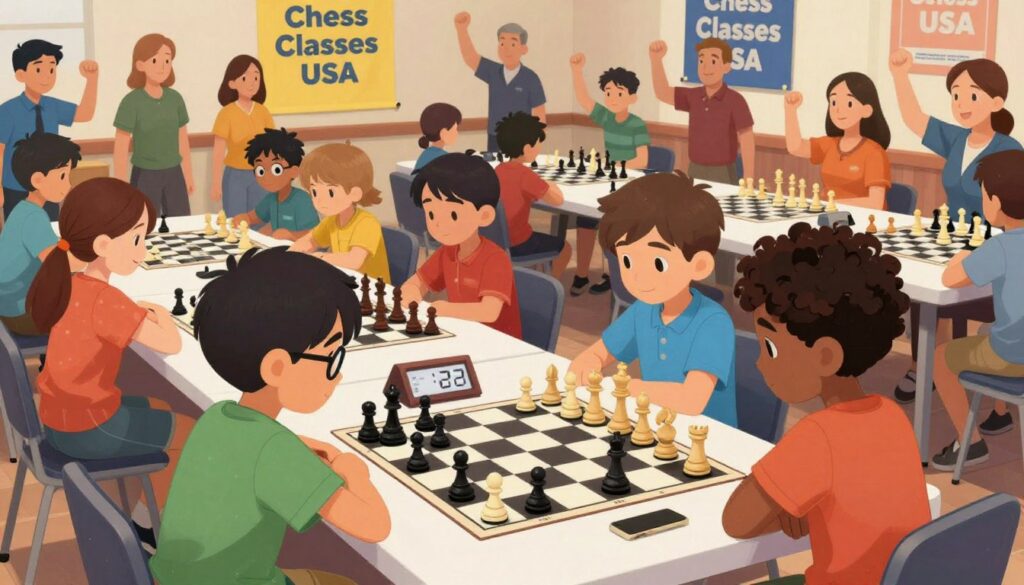 A vibrant scene of a competitive chess tournament for kids, showcasing young players (ages 8-12) intensely focused on their games. In the foreground, two children are deeply engaged in a match, one with short hair and glasses, the other with curly hair, both wearing casual, colorful clothing. The middle ground features several other pairs of children playing around a large table adorned with chess pieces and a chess clock. In the background, a friendly crowd of parents and coaches cheer them on, with banners from "Chess Classes USA" hanging brightly. Soft, warm lighting fills the room, creating an inviting atmosphere of excitement and sportsmanship. The angle is slightly elevated, capturing the competitive spirit while highlighting the camaraderie among the kids.
