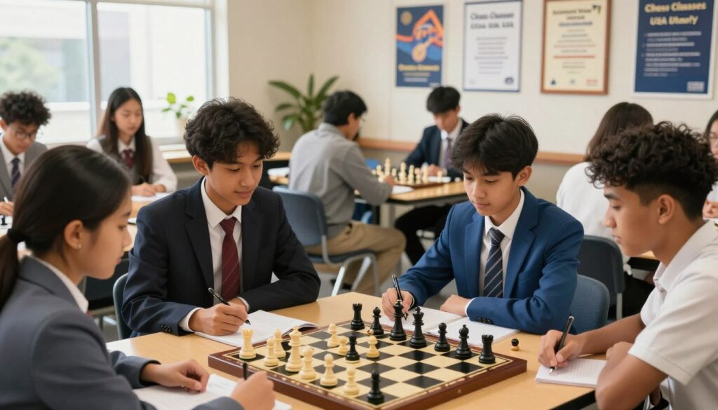 A vibrant scene of a diverse group of students engaged in various extracurricular activities related to chess, prominently featuring a chess board in the foreground. In the middle ground, showcase a friendly, well-lit room filled with students studying together, some taking notes, while others discuss strategies around a chess set. Emphasize students dressed in professional business attire—think blazers and dress shirts—for an academic environment. In the background, framed certificates and educational posters hint at scholarship opportunities and achievements, adding depth and context. Use warm, natural lighting to create a welcoming atmosphere, and employ a slightly elevated angle to capture the collaborative spirit of learning. Include subtle branding elements of "Chess Classes USA" integrated into the environment, promoting an academic and supportive vibe. A vibrant scene of a diverse group of students engaged in various extracurricular activities related to chess, prominently featuring a chess board in the foreground. In the middle ground, showcase a friendly, well-lit room filled with students studying together, some taking notes, while others discuss strategies around a chess set. Emphasize students dressed in professional business attire—think blazers and dress shirts—for an academic environment. In the background, framed certificates and educational posters hint at scholarship opportunities and achievements, adding depth and context. Use warm, natural lighting to create a welcoming atmosphere, and employ a slightly elevated angle to capture the collaborative spirit of learning. Include subtle branding elements of "Chess Classes USA" integrated into the environment, promoting an academic and supportive vibe.