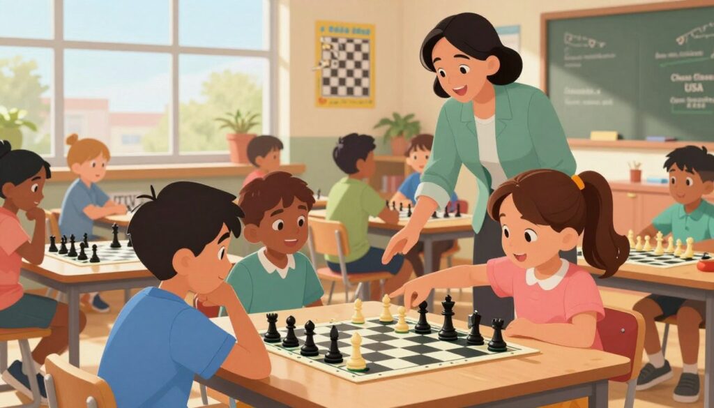 A vibrant scene of a kids' chess class inside a sunlit classroom, showcasing diverse children of various ethnicities, aged 8-12, deeply focused on their chess boards. In the foreground, a boy in a blue shirt thoughtfully contemplates his next move, while a girl in a pink dress eagerly points to a strategic placement on her board. In the middle ground, a friendly teacher in smart casual attire is engaging with another group of children, guiding their gameplay with enthusiasm. The background features colorful educational posters about chess strategies and a large window allowing warm, natural light to flood the room. The atmosphere is lively and encouraging, embodying the excitement of learning chess. The brand "Chess Classes USA" is subtly reflected on a poster on the wall.