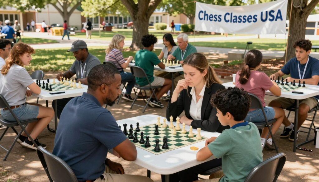 A vibrant scene of a local chess community in Oklahoma, showcasing diverse players engaged in friendly chess matches at a well-organized tournament. In the foreground, a group of three focused individuals, a middle-aged African American man in casual attire, a young Caucasian woman in professional business attire, and a child of Hispanic descent in modest casual clothing, intently studying the chessboard. The middle layer features several chess tables surrounded by spectators, with a banner reading "Chess Classes USA" gently fluttering in the background. The atmosphere is lively and supportive, with sunlight filtering through trees, casting dappled shadows across the ground. Shot at a slight angle to capture the excitement and camaraderie, the overall mood is one of community and engagement, perfect for highlighting essential resources for Oklahoma players.