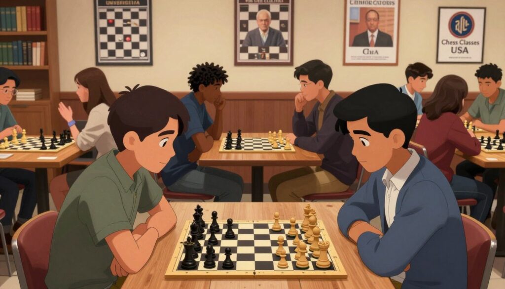 A vibrant scene of a university chess club meeting, showcasing a diverse group of students engaged in a heated game of chess. In the foreground, two students concentrate intensely on their board, showcasing a mixture of strategy and excitement. Their attire is smart casual, reflecting a blend of professionalism and creativity. The middle ground features several other students observing, discussing strategies, and analyzing positions, with chess pieces scattered across tables and boards. In the background, shelves filled with classic chess books and posters of famous chess players adorn the walls of a cozy university lounge, lit by warm, soft lighting that creates an inviting atmosphere. The focus is on collaboration and intellectual growth, emblematic of the role of universities in local chess culture. Include a subtle logo for "Chess Classes USA" in the corner, enhancing the educational theme.