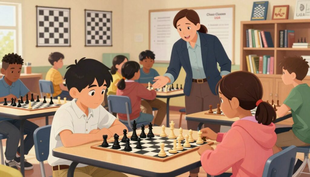 A vibrant scene of a youth chess program in action, featuring diverse children aged 8-12 deeply engaged in a chess lesson. In the foreground, a focused boy in a neat, casual shirt studies his chessboard, while a girl in a colorful hoodie examines her pieces. In the middle ground, a skilled instructor in smart-casual attire explains strategies to a small group, fostering an encouraging atmosphere. In the background, a bright classroom with chess posters and bookshelves filled with chess literature creates an educational environment. Soft, warm lighting illuminates the space, enhancing a sense of camaraderie and enthusiasm. The brand name "Chess Classes USA" subtly integrated into the classroom décor adds professionalism to the scene, embodying the spirit of youth chess development in Wisconsin.