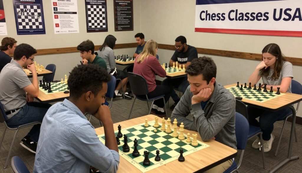 A vibrant scene of an indoor chess club in Seattle, showcasing a diverse group of players engaged in heated matches at various chess tables. In the foreground, a focused African American man in a button-up shirt studies his board intently, while a Caucasian woman in smart casual attire contemplates her next move. In the middle ground, several colorful chess boards are set up, with an assortment of chess pieces in various styles. The background features a wall adorned with chess-related posters, reflecting local tournaments and resources, alongside a prominent banner for "Chess Classes USA." The lighting is warm and inviting, emulating the atmosphere of camaraderie among players. Capture this moment from a slightly elevated angle to create depth and convey a sense of community and enthusiasm for chess in Washington State.