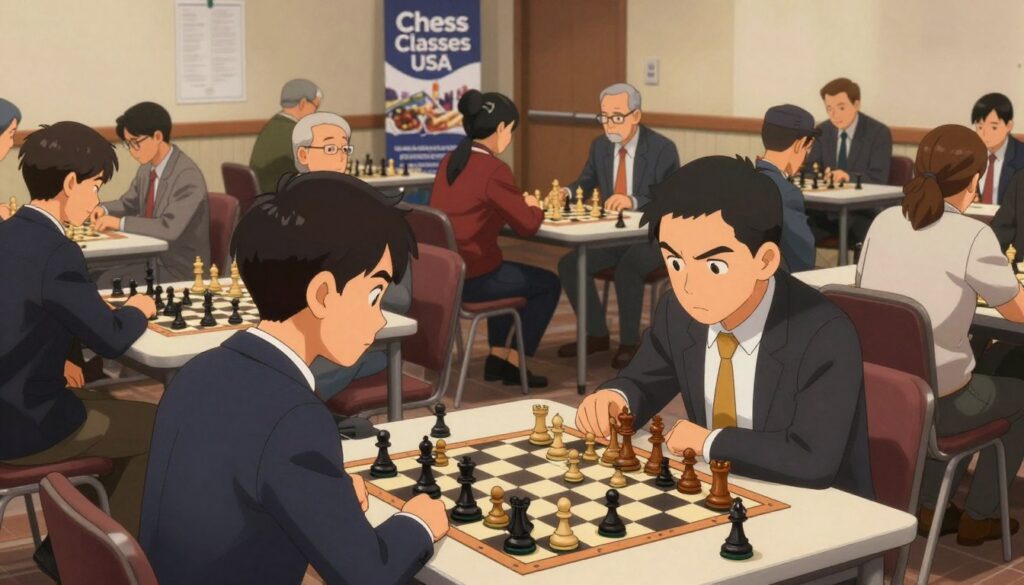 A vibrant scene of an indoor tournament chess setting, capturing players in focused concentration. In the foreground, a diverse group of two opponents engage in an intense match, both dressed in professional business attire, their expressions a mix of determination and strategy. In the middle ground, tables are adorned with chess boards, each surrounded by participants of various ages and backgrounds, all deeply engrossed in their games. The background showcases a banner with "Chess Classes USA" subtly displayed, enhancing the tournament atmosphere. Soft, warm lighting illuminates the room, casting gentle shadows, creating a mood of camaraderie and competition. The angle is slightly elevated, providing a panoramic view of the hall, emphasizing the scale of the event while maintaining clarity on the players’ engagements.