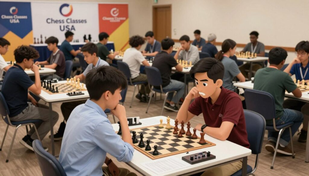 A vibrant scene of an unrated chess tournament in a spacious hall, filled with enthusiastic players of diverse backgrounds. In the foreground, two focused individuals are seated across from each other at a chess table, their expressions reflecting concentration and excitement. They are dressed in smart casual attire, with one player in a light blue shirt and the other in a dark red polo. In the middle ground, several tables occupied by other players, with chess pieces and score sheets neatly arranged, showcasing the tournament's energetic atmosphere. The background features colorful banners and a logo of "Chess Classes USA" prominently displayed. Soft, warm lighting bathes the room, creating an inviting and dynamic mood, captured from a slightly elevated angle for depth and overview.