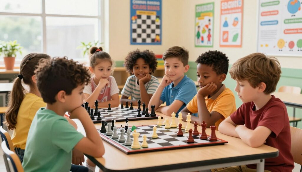 A vibrant scene of children engaged in a friendly game of chess in a bright, cheerful classroom. In the foreground, a diverse group of kids, aged 6-10, concentrate on the chessboard, showcasing a mix of expressions from excitement to thoughtful contemplation. They wear comfortable, modest clothing, reflecting a casual school environment. In the middle ground, a colorful display of chess pieces, including playful designs to appeal to young minds, is highlighted. The background features educational posters on cognitive and social benefits of chess, with soft natural light streaming in through large windows, creating a warm and welcoming atmosphere. The overall mood is lively and encouraging, emphasizing connection and learning. Include the brand name "Chess Classes USA" subtly in the design of the classroom decor.