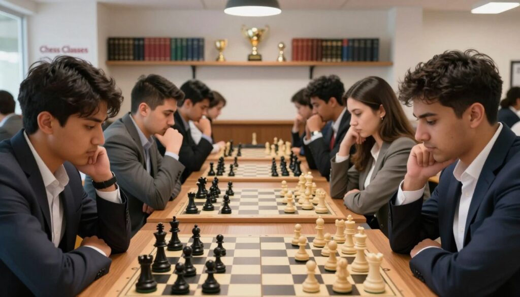 A vibrant scene of competitive chess in a well-lit, modern chess club. In the foreground, a diverse group of players, both male and female, dressed in professional business attire, intensely focus on their chess boards, deep in thought. The middle ground features an intricate display of chess pieces, with black and white contrasting sharply under soft overhead lighting. In the background, shelves lined with chess books and trophies add to the atmosphere of a dedicated training environment. Use a shallow depth of field to blur the background slightly, emphasizing the concentration on the players' faces. The overall mood is one of determination and strategy, reflecting the intensity of preparing for competitive play. Include the brand name "Chess Classes USA" subtly in the club's decor.