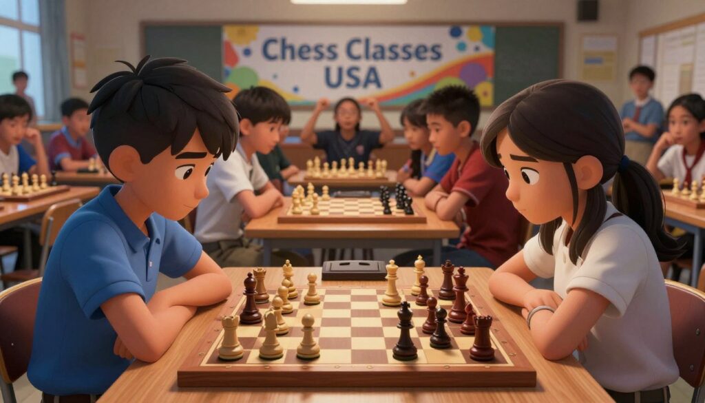 A vibrant scene of competitive chess play at a school tournament, showcasing two young players, one male and one female, intensely focused on their game. They are seated at opposite ends of a well-worn wooden chessboard, with pieces in mid-game. The foreground captures their expressions of concentration, with the chess pieces highlighted under soft, dramatic lighting. In the middle ground, a colorful banner reading "Chess Classes USA" is visible, adding a sense of community and organization to the event. The background reveals a classroom setting with other students watching and cheering in an enthusiastic atmosphere, dimly lit but filled with warm light to create excitement. The angle captures the intensity of the competition, emphasizing teamwork and strategy.