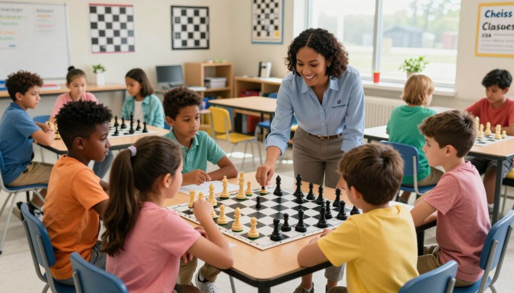 A vibrant scene of diverse children engaged in a chess class, showcasing the spirit of inclusion and development in the Utah chess community. In the foreground, a group of enthusiastic kids of different ethnic backgrounds, aged 8-12, are gathered around a large chessboard, focused on their next move. They are dressed in colorful, modest casual clothing, reflecting their individuality. The middle ground features an experienced instructor from "Chess Classes USA", guiding them with a warm smile, emphasizing camaraderie. In the background, a bright, welcoming classroom filled with educational materials, chess posters, and large windows allowing natural light to flood the space, creating an uplifting atmosphere. The composition is photographed from a slightly elevated angle, capturing both the excitement of the children and the inviting environment.