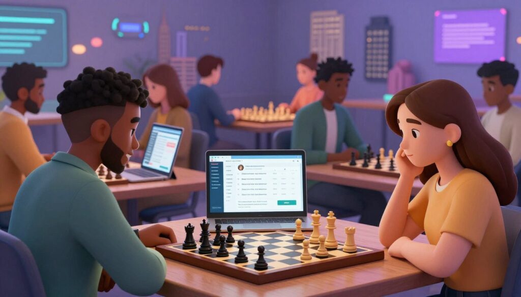 A vibrant scene of diverse players engaging in a heated game of chess, representing technology and online communities. In the foreground, two friends, a Black man and a White woman, concentrating intently on a laptop showing a virtual chess interface, with chess pieces elegantly arranged on a sleek wooden board. In the middle ground, an assortment of chess boards and digital tablets displaying online forums and strategies. The background features abstract digital elements symbolizing online connectivity, with blurred images of city skylines of St. Louis and Kansas City. Soft, ambient lighting creates a cozy yet stimulating atmosphere. This dynamic composition reflects the growing influence of technology in the chess community, branded subtly as "Chess Classes USA."