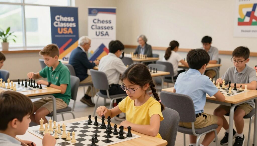 A vibrant scene of kids, ages 8 to 12, participating in an adult chess tournament in a well-lit, spacious hall. In the foreground, a focused girl with braided hair in a bright, modest dress carefully examines her chess pieces, while a boy wearing glasses in a smart casual outfit studies the board intently. In the middle ground, various adults are engrossed in their own games, wearing professional attire, showcasing a diverse group of players. The background reveals large banners displaying “Chess Classes USA” and soft lighting that creates a warm, welcoming atmosphere. Large windows let in natural light, enhancing the sense of excitement and concentration in the room. Capture the mood of encouragement and skill development. A vibrant scene of kids, ages 8 to 12, participating in an adult chess tournament in a well-lit, spacious hall. In the foreground, a focused girl with braided hair in a bright, modest dress carefully examines her chess pieces, while a boy wearing glasses in a smart casual outfit studies the board intently. In the middle ground, various adults are engrossed in their own games, wearing professional attire, showcasing a diverse group of players. The background reveals large banners displaying “Chess Classes USA” and soft lighting that creates a warm, welcoming atmosphere. Large windows let in natural light, enhancing the sense of excitement and concentration in the room. Capture the mood of encouragement and skill development.