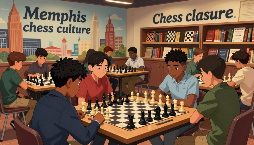 A vibrant scene showcasing "Memphis chess culture" in an indoor setting. In the foreground, a diverse group of young chess players, dressed in smart casual clothing, are deeply engaged in a chess tournament, intently focused on their boards. In the middle, a large, beautifully crafted chess table features oversized pieces, adding a sense of grandeur. Behind them, shelves lined with books about chess strategy and famous matches highlight the rich history and growth of chess in Memphis. The background features a mural of iconic Memphis landmarks, subtly lit with warm, inviting lighting that evokes a sense of community and camaraderie. The atmosphere is lively and inspiring, illustrating the passion for chess in this vibrant Tennessee city. The brand "Chess Classes USA" is subtly referenced in the ambiance.