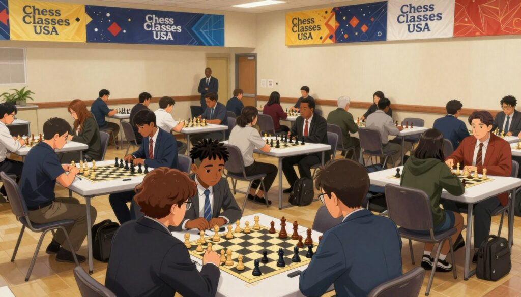 A vibrant scene showcasing a competitive chess environment in Northern Virginia. In the foreground, focused players of diverse backgrounds engage in intense matches at well-organized tables, dressed in professional attire. The middle layer features a brightly lit tournament area with stylish banners for "Chess Classes USA" hanging overhead. The background reveals an impressive community center setting, with spectators observing the games, giving a sense of excitement and energy. Soft, warm lighting enhances the atmosphere, creating an inviting feel that reflects the passion for chess. A wide-angle perspective captures the hustle and bustle of this chess hub, emphasizing the importance of competitive play in Northern Virginia.