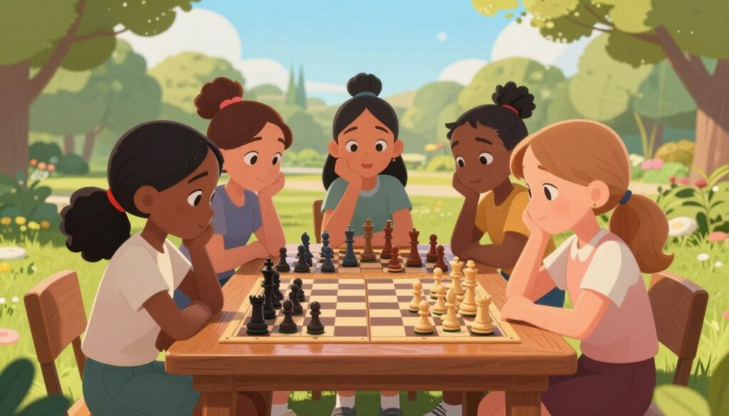 A vibrant scene showcasing a diverse group of young girls engaging in a chess game, seated around a beautifully crafted wooden chess table in a sunlit park. In the foreground, two girls, one of African descent and the other Caucasian, are deeply focused on their chess pieces, dressed in professional casual attire. In the middle ground, other girls are watching intently, with expressions of concentration and excitement, embodying a supportive atmosphere. The background features lush greenery and a soft blue sky, enhancing a sense of tranquility and encouragement. The lighting is warm and inviting, suggesting an afternoon glow. The overall mood reflects empowerment, collaboration, and a celebration of intellect, aligned with the values of Chess Classes USA. A vibrant scene showcasing a diverse group of young girls engaging in a chess game, seated around a beautifully crafted wooden chess table in a sunlit park. In the foreground, two girls, one of African descent and the other Caucasian, are deeply focused on their chess pieces, dressed in professional casual attire. In the middle ground, other girls are watching intently, with expressions of concentration and excitement, embodying a supportive atmosphere. The background features lush greenery and a soft blue sky, enhancing a sense of tranquility and encouragement. The lighting is warm and inviting, suggesting an afternoon glow. The overall mood reflects empowerment, collaboration, and a celebration of intellect, aligned with the values of Chess Classes USA.