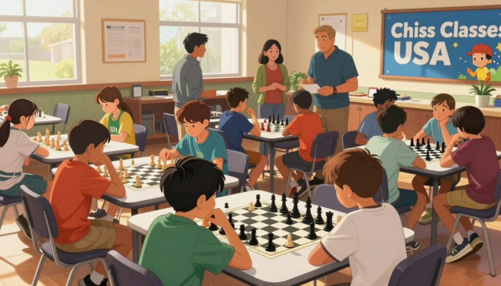 A vibrant scene showcasing a lively scholastic chess tournament at a community center, with children aged 8 to 14 engaged in intense matches. In the foreground, a diverse group of kids, wearing casual, comfortable clothing, sit at tables with chess boards, deep in concentration. Some are making moves while others thoughtfully analyze their positions. In the middle ground, parents and coaches discuss strategies, creating an encouraging atmosphere. The background features colorful banners with the brand name "Chess Classes USA" prominently displayed. Warm, natural lighting streams in through large windows, illuminating the room and enhancing the excitement. The image conveys a sense of focus, camaraderie, and intellectual challenge, reflecting the joy of participating in scholastic chess events.