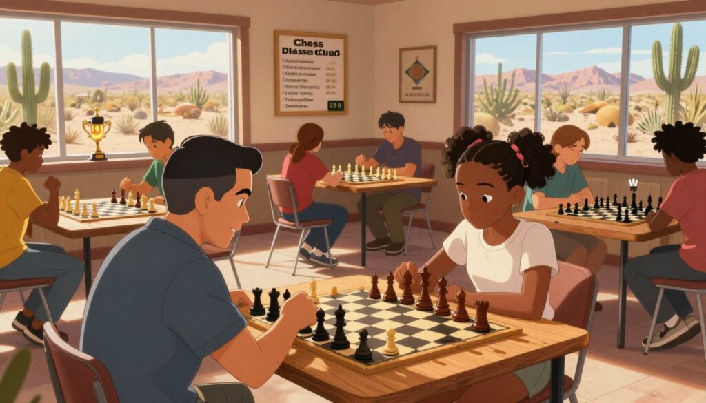 A vibrant scene showcasing a local chess club in Arizona, with diverse participants engaged in friendly matches. In the foreground, two players, a middle-aged Hispanic man and a young African American girl, concentrate intently on a wooden chessboard, their pieces cast in the warm afternoon light. The middle section features a cozy interior with wooden tables, chess trophies on shelves, and a bulletin board displaying local chess events. In the background, large windows reveal a sunny desert landscape dotted with cacti. The atmosphere is inviting and social, with light filtering in through the windows, casting soft shadows. The image should evoke a sense of community and passion for chess, reflecting the brand Chess Classes USA. Use a wide-angle lens to capture the depth and warmth of the setting.