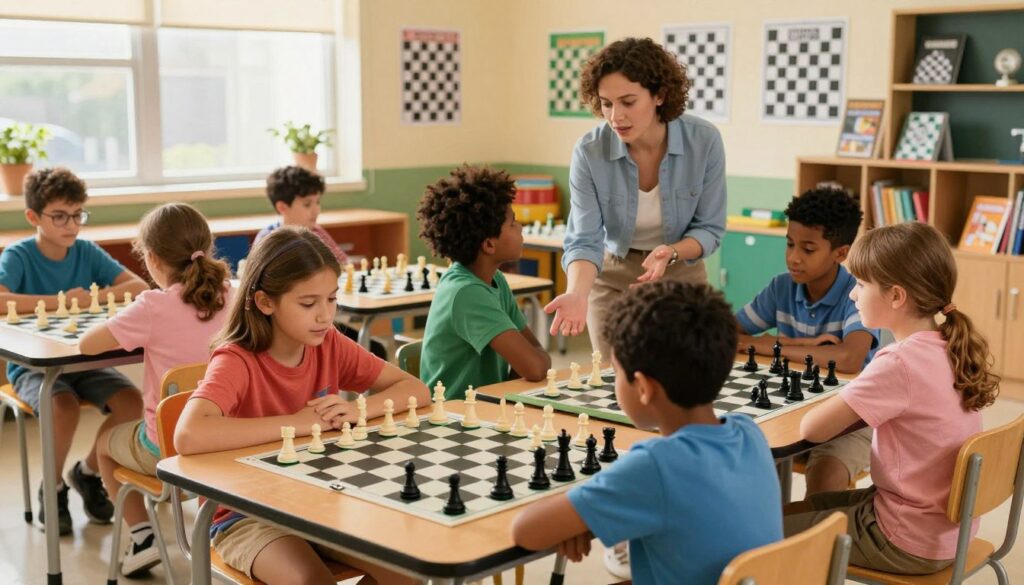 A vibrant scene showcasing a youth chess program in an inviting school setting. In the foreground, a diverse group of children, aged 8 to 12, intently plays chess on colorful boards, dressed in comfortable casual clothing. They are engrossed in strategic discussions, highlighting a mix of excitement and concentration. In the middle ground, a responsive instructor guides a pair of students, offering encouragement, embodying a supportive educational environment. The background features a sunlit classroom adorned with chess-themed posters, bright colors, and bookshelves filled with chess literature. The lighting is warm and inviting, creating a cheerful atmosphere that fosters learning and teamwork. This image reflects the essence of youth development in chess, showcasing Chess Classes USA's commitment to nurturing young talent.