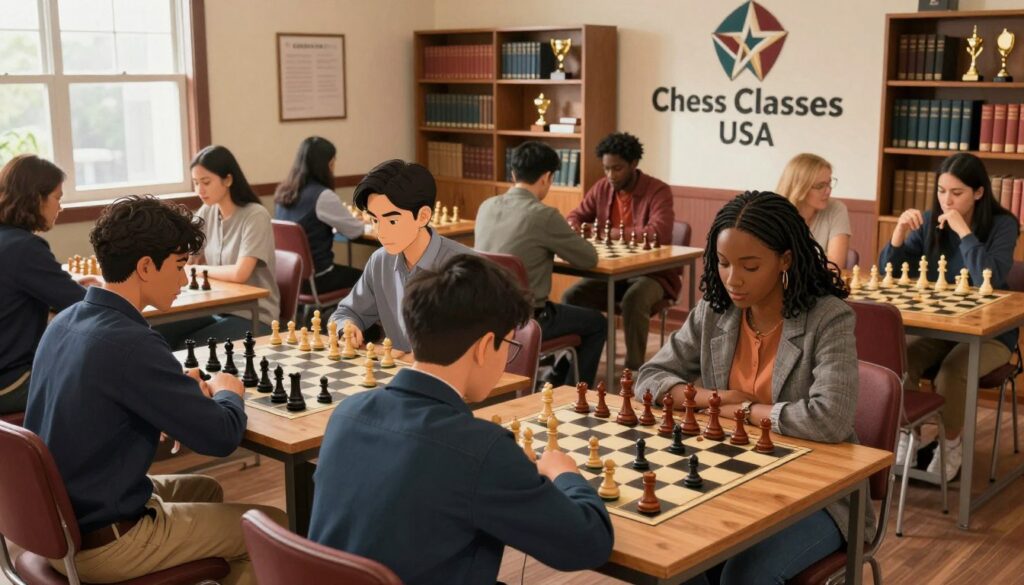A vibrant scene showcasing an indoor chess club in Cincinnati, Ohio, capturing both tradition and modern growth in chess culture. In the foreground, a diverse group of four players, two men and two women, dressed in smart casual attire, deeply focused on their intense tournament match. In the middle, elegantly designed chess tables with classic wooden pieces, surrounded by spectators engaged in discussion. The background features shelves lined with chess books and trophies, symbolizing the club's legacy. Soft ambient lighting illuminates the scene, with sunlight streaming through large windows, creating a warm and inviting atmosphere. A tasteful logo of "Chess Classes USA" is subtly integrated into the background decor, emphasizing community enrichment through chess. The composition is shot from a slight angle to highlight the engagement and camaraderie among players. A vibrant scene showcasing an indoor chess club in Cincinnati, Ohio, capturing both tradition and modern growth in chess culture. In the foreground, a diverse group of four players, two men and two women, dressed in smart casual attire, deeply focused on their intense tournament match. In the middle, elegantly designed chess tables with classic wooden pieces, surrounded by spectators engaged in discussion. The background features shelves lined with chess books and trophies, symbolizing the club's legacy. Soft ambient lighting illuminates the scene, with sunlight streaming through large windows, creating a warm and inviting atmosphere. A tasteful logo of "Chess Classes USA" is subtly integrated into the background decor, emphasizing community enrichment through chess. The composition is shot from a slight angle to highlight the engagement and camaraderie among players.