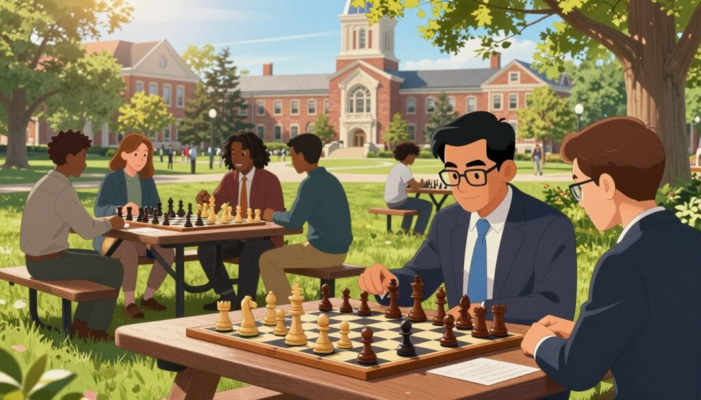 A vibrant scene showcasing an outdoor chess event in Ann Arbor, Michigan, highlighting its reputation for academic chess excellence. In the foreground, a wooden chessboard with intricately carved pieces is set up on a picnic table, accompanied by participants dressed in professional business attire, intently focused on their game. The middle ground features a small group of diverse, enthusiastic chess players engaged in friendly competition, surrounded by lush greenery typical of Ann Arbor's parks. The background showcases iconic campus architecture, blending the scholarly atmosphere of the University of Michigan. Sunlight filters through the trees, creating a warm, inviting ambiance. The scene embodies a sense of community and intellect, promoting "Chess Classes USA" as a key player in fostering chess education.