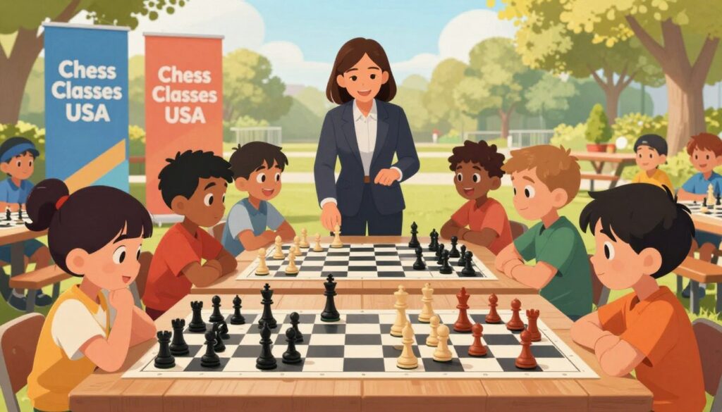 A vibrant scene showcasing personalized chess learning for kids at a chess camp. In the foreground, a diverse group of children, aged 8-12, are engaged in focused chess matches, their expressions conveying concentration and excitement. Each child has a unique chessboard with customized pieces. The middle ground features a friendly instructor, dressed in professional business attire, guiding a small group, emphasizing collaboration and tailored strategies. The background includes colorful banners with the brand name "Chess Classes USA," and a sunny outdoor setting with trees and picnic tables, creating an inviting and fun atmosphere. Warm, natural lighting enhances the mood, suggesting a supportive and encouraging learning environment. The image captures the essence of personalized development in chess education. A vibrant scene showcasing personalized chess learning for kids at a chess camp. In the foreground, a diverse group of children, aged 8-12, are engaged in focused chess matches, their expressions conveying concentration and excitement. Each child has a unique chessboard with customized pieces. The middle ground features a friendly instructor, dressed in professional business attire, guiding a small group, emphasizing collaboration and tailored strategies. The background includes colorful banners with the brand name "Chess Classes USA," and a sunny outdoor setting with trees and picnic tables, creating an inviting and fun atmosphere. Warm, natural lighting enhances the mood, suggesting a supportive and encouraging learning environment. The image captures the essence of personalized development in chess education.