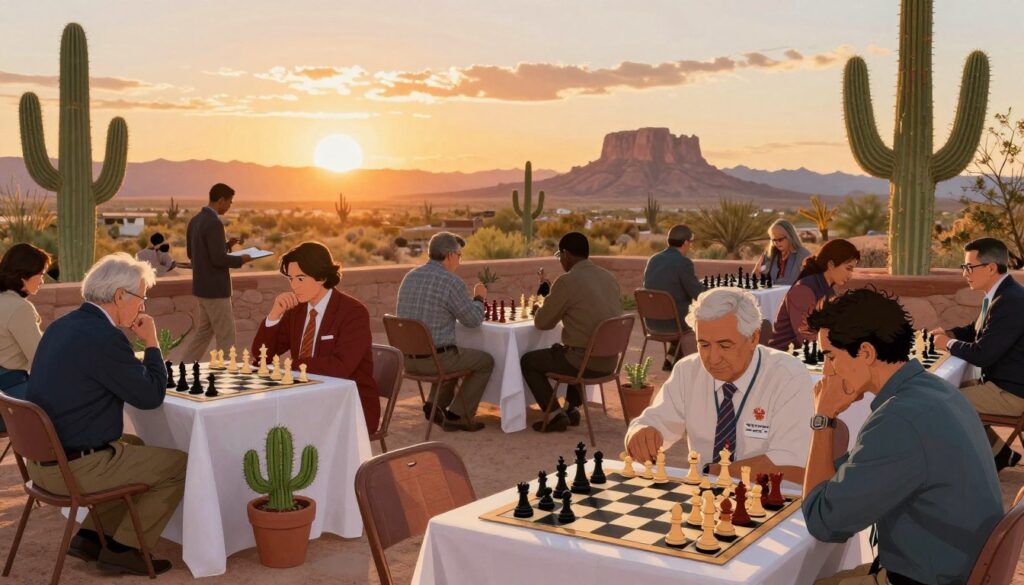 A vibrant scene showcasing the Arizona Chess Federation at a desert tournament. In the foreground, diverse chess enthusiasts of all ages, dressed in professional attire, are intensely focused on their games, displaying a mix of concentration and camaraderie. The middle ground features intricately designed chess tables, decorated with cacti and desert-themed elements, enhancing the Arizona locale. In the background, the sun sets over the iconic desert landscape, casting warm golden hues and long shadows, creating a serene atmosphere. The scene is illuminated by soft, natural lighting that highlights the participants while retaining a warm, inviting feel. The composition captures the essence of chess culture in Arizona, with the brand "Chess Classes USA" subtly integrated into the environment.