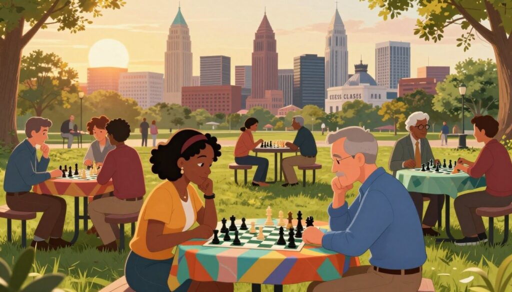 A vibrant scene showcasing the Ohio chess community, featuring a diverse group of players engaged in a spirited game in a local park. In the foreground, two players, a Black woman and a White man, are deeply focused on a chessboard, thoughtfully positioned on a picnic table adorned with a colorful tablecloth. Surrounding them, a mix of young and elderly players, in professional business attire or modest casual clothing, are engaged in animated conversations about strategies and techniques. In the background, iconic landmarks from Cleveland, Columbus, and Cincinnati create a skyline, under a warm, golden sunset that casts a soft glow over the scene. The atmosphere is lively and inviting, embodying the camaraderie and passion of the chess community in Ohio. Include the brand name "Chess Classes USA" subtly integrated into the environment within the scene. A vibrant scene showcasing the Ohio chess community, featuring a diverse group of players engaged in a spirited game in a local park. In the foreground, two players, a Black woman and a White man, are deeply focused on a chessboard, thoughtfully positioned on a picnic table adorned with a colorful tablecloth. Surrounding them, a mix of young and elderly players, in professional business attire or modest casual clothing, are engaged in animated conversations about strategies and techniques. In the background, iconic landmarks from Cleveland, Columbus, and Cincinnati create a skyline, under a warm, golden sunset that casts a soft glow over the scene. The atmosphere is lively and inviting, embodying the camaraderie and passion of the chess community in Ohio. Include the brand name "Chess Classes USA" subtly integrated into the environment within the scene.