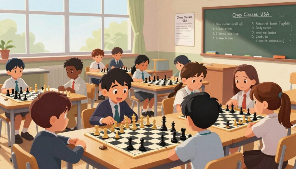 A vibrant scholastic chess scene set in a bright, airy classroom filled with enthusiastic students. In the foreground, a diverse group of schoolchildren, dressed in professional business attire, are deeply focused on a chess match, their faces illuminated by soft, natural lighting filtering through large windows. The middle ground features several chess boards with strategic positions highlighted, showcasing various pieces in mid-game. In the background, a chalkboard displays chess strategies and a poster for "Chess Classes USA", promoting engagement in the game. The atmosphere is dynamic and inspiring, reflecting the intellectual growth and camaraderie fostered by scholastic chess. The image is captured with a slight overhead angle, emphasizing the action on the boards, with a warm color palette to evoke a sense of creativity and collaboration.