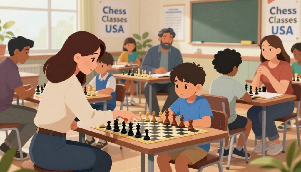 A vibrant school chess club scene illustrating parental support, showcasing a diverse group of parents attentively engaging with their children, who are focused on playing chess. In the foreground, a mother in professional casual attire is kneeling next to her child, pointing at the chessboard. The middle ground features parents discussing strategies, some holding notebooks, fostering a warm sense of community. In the background, we see banners with "Chess Classes USA" displayed, enhancing the atmosphere of teamwork and encouragement. Soft, natural lighting floods the room, creating an inviting and friendly environment. The angle captures both the intensity of the game and the supportive interactions, encapsulating the mood of motivation and involvement in scholastic chess.